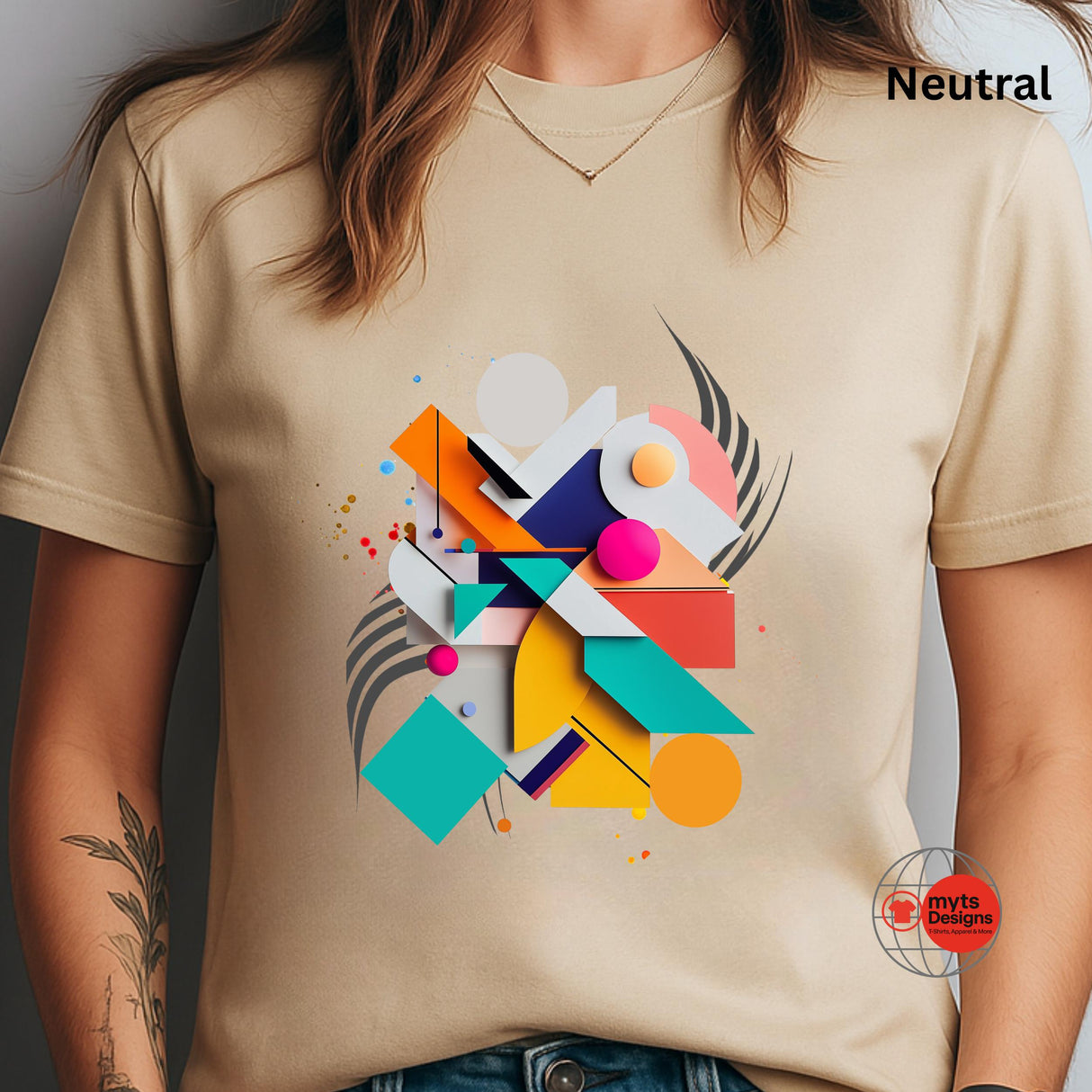 Modern geometric abstract T-shirt featuring colorful minimalist shapes printed on Neutral cotton tee