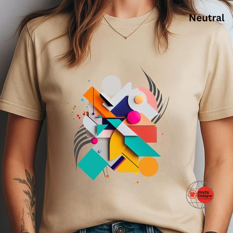 Modern geometric abstract T-shirt featuring colorful minimalist shapes printed on Neutral cotton tee