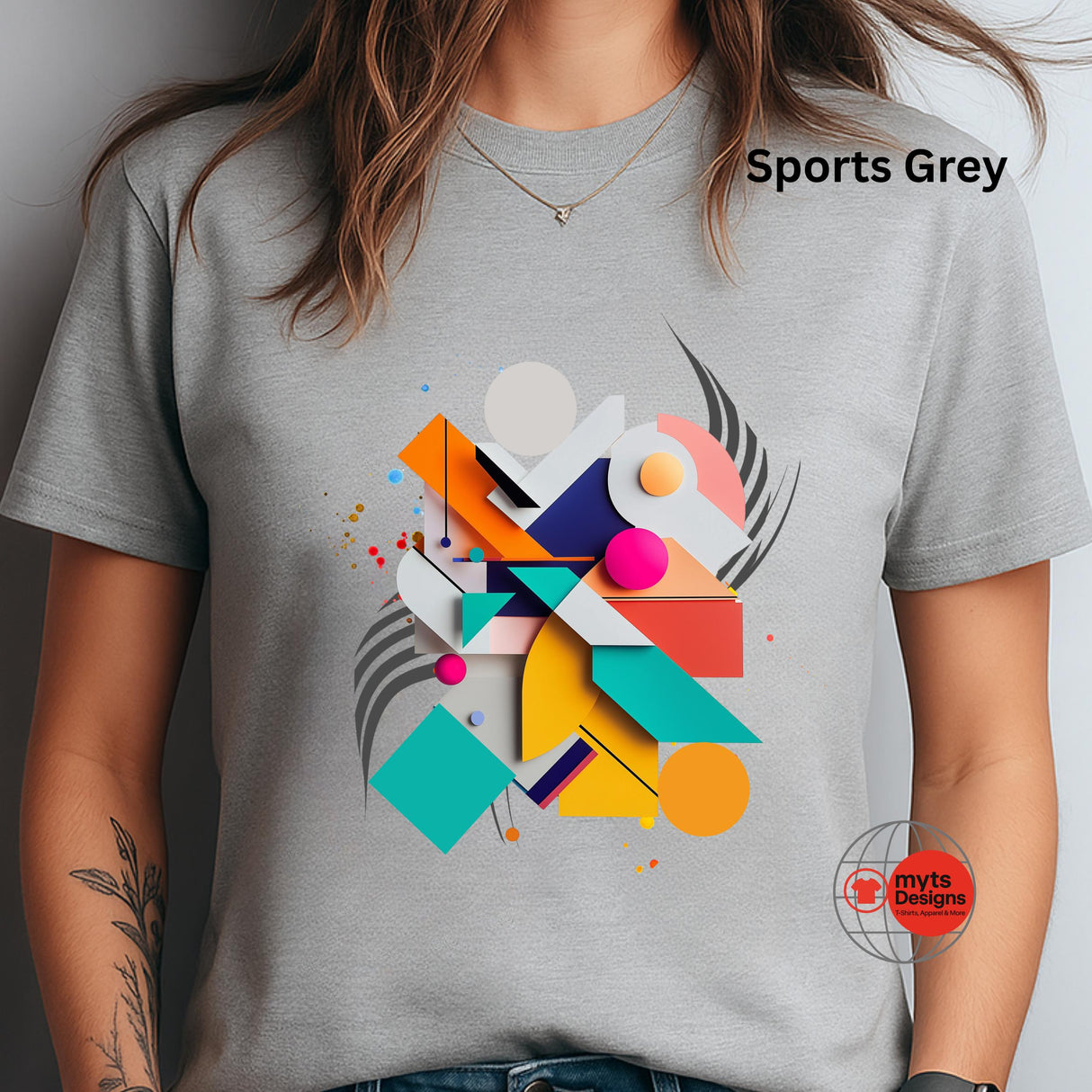 Modern geometric abstract T-shirt featuring colorful minimalist shapes printed on Sports Grey cotton tee
