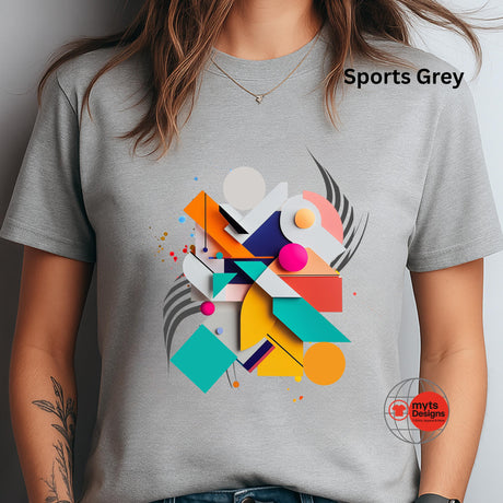 Modern geometric abstract T-shirt featuring colorful minimalist shapes printed on Sports Grey cotton tee