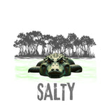 Alligator with 'Salty' text in front of a forest silhouette