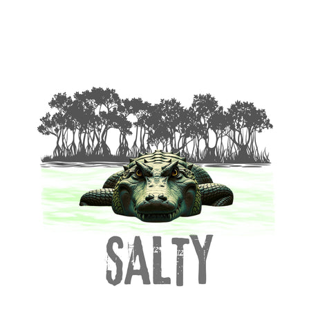 Alligator with 'Salty' text in front of a forest silhouette
