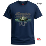 Navy blue t-shirt with alligator graphic and 'Salty' text on a white background