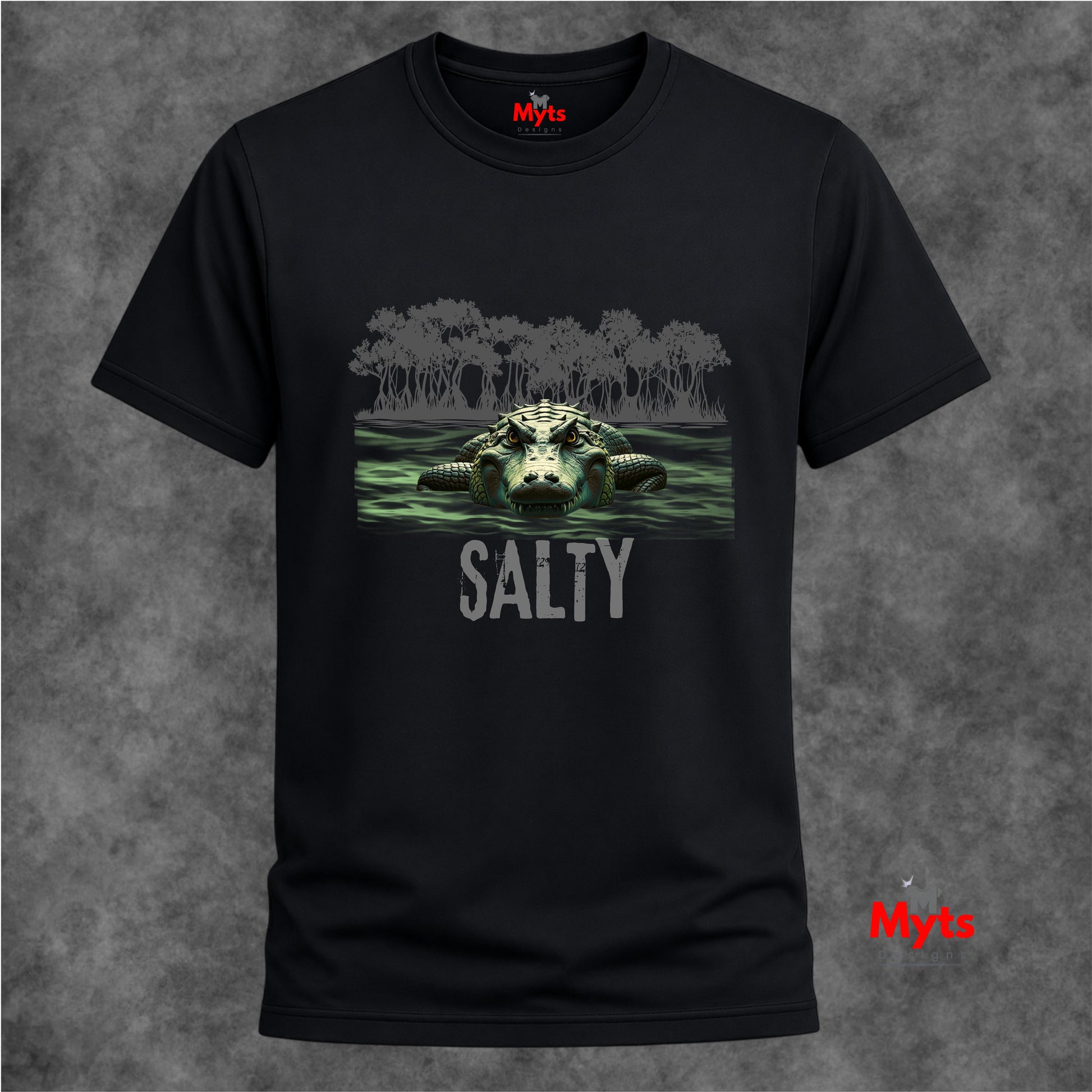 Black t-shirt with an alligator graphic and 'Salty' text on a textured gray background