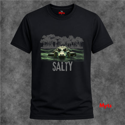 Black t-shirt with an alligator graphic and 'Salty' text on a textured gray background
