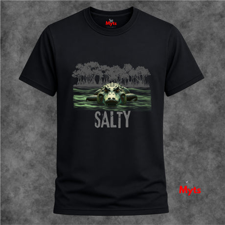 Black t-shirt with an alligator graphic and 'Salty' text on a textured gray background