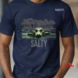 Navy t-shirt with an alligator graphic and 'Salty' text, brand 'Myts' visible.