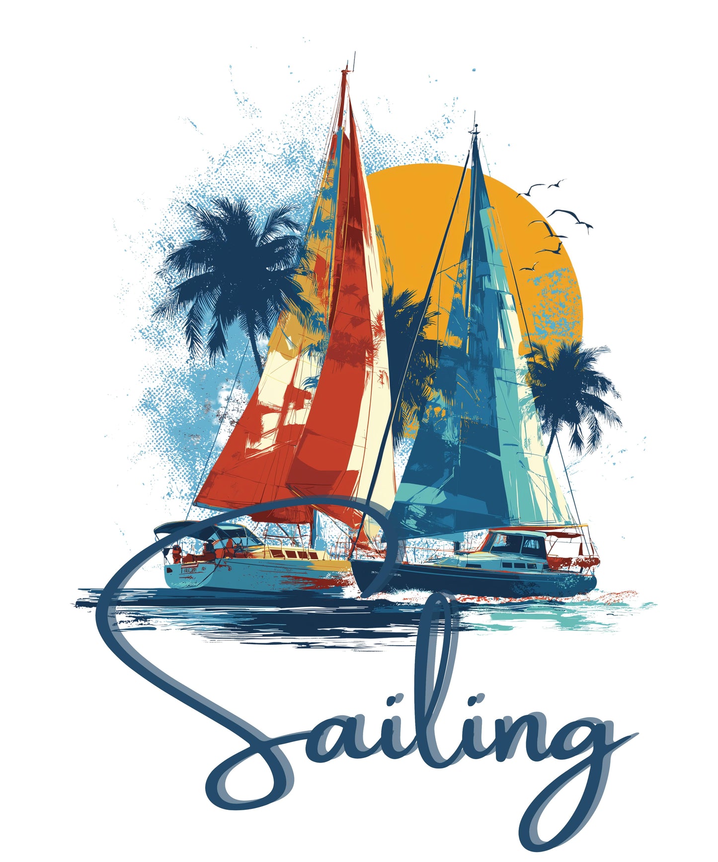Colorful illustration of sailboats with palm trees and the word 'Sailing' on a white background