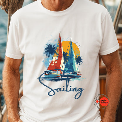 White t-shirt with sailboat graphic and 'Sailing' text worn by a person.