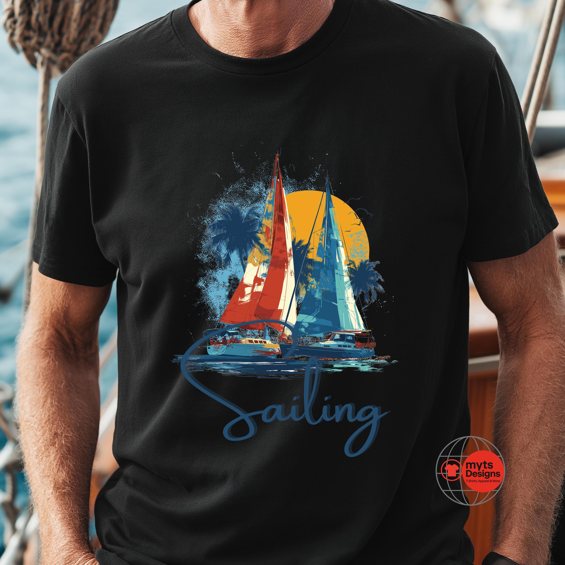 Black t-shirt with a sailboat graphic and 'Sailing' text on a person by water.