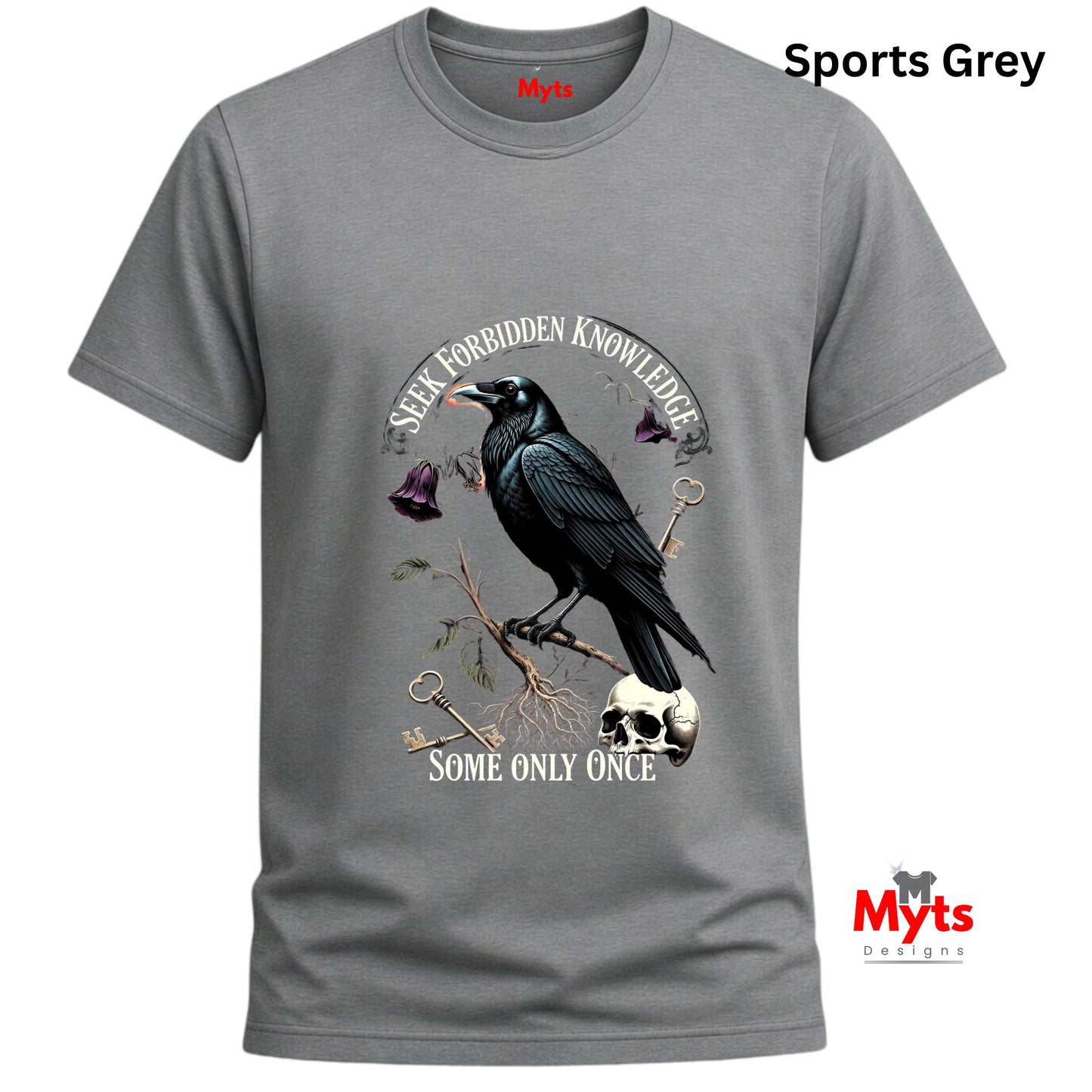 Sports Gray t-shirt with a crow design and text on a white background