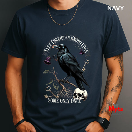 Navy t-shirt with a crow and skull design, featuring text 'Seek Forbidden Knowledge, Some Only Once'.