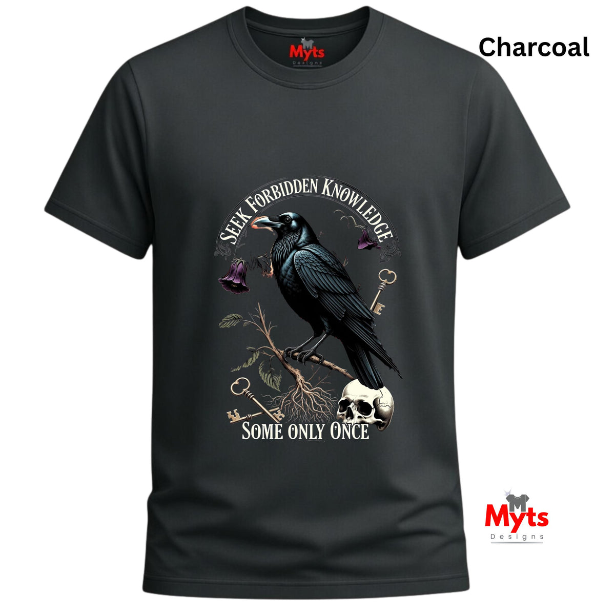 Charcoal t-shirt with a crow design and text on a white background