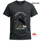 Charcoal t-shirt with a crow design and text on a white background