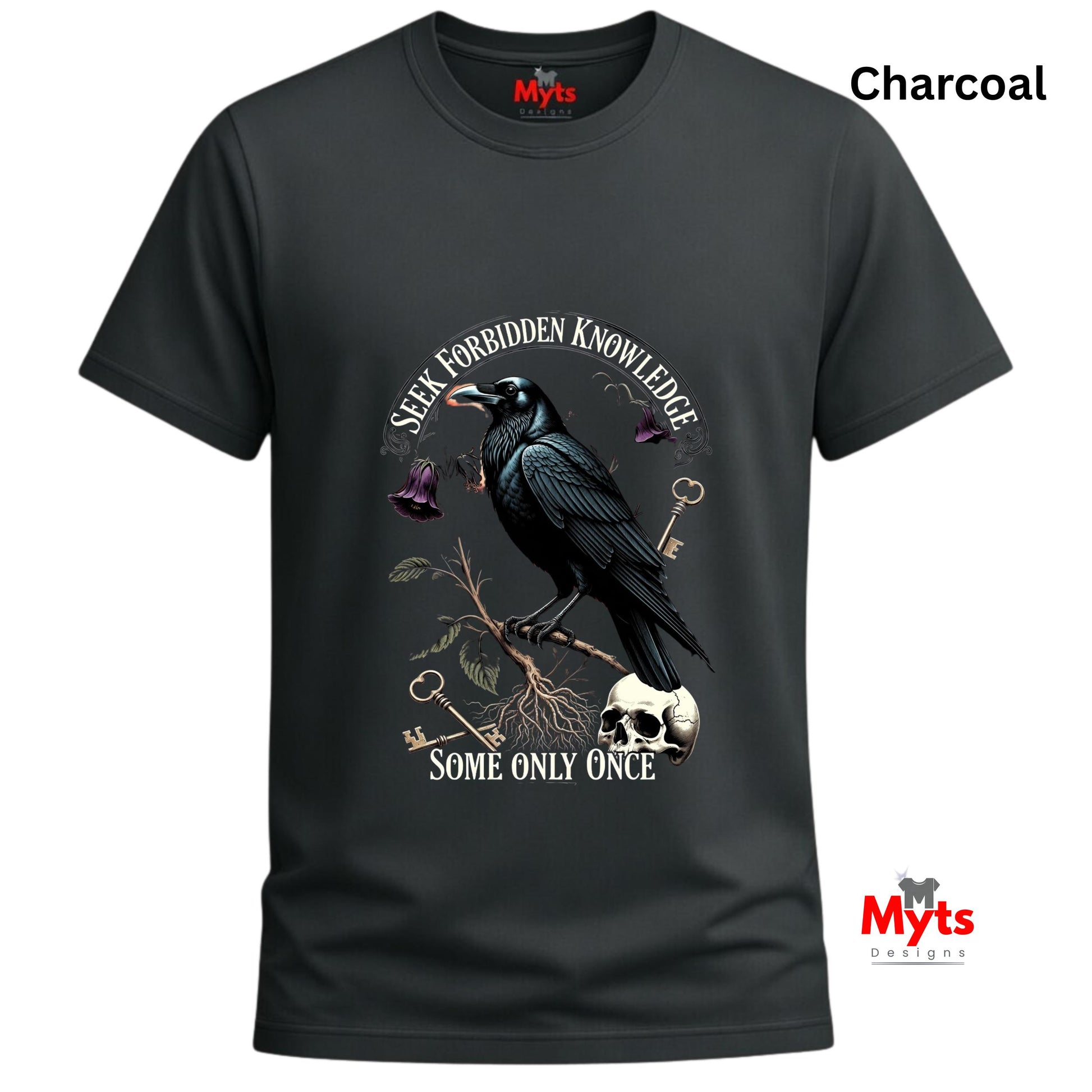 Charcoal t-shirt with a crow design and text on a white background