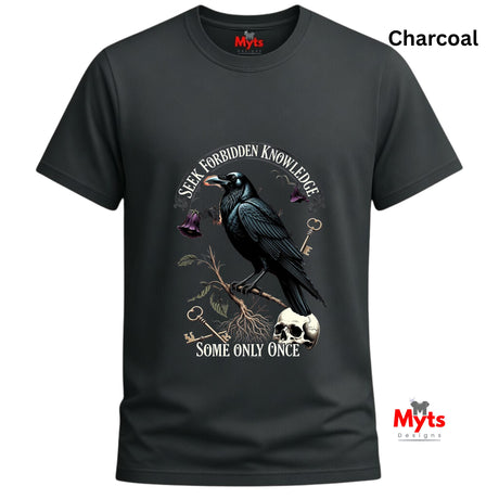 Charcoal t-shirt with a crow design and text on a white background