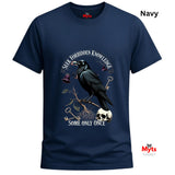 Navy blue t-shirt with a crow design and text on a white background