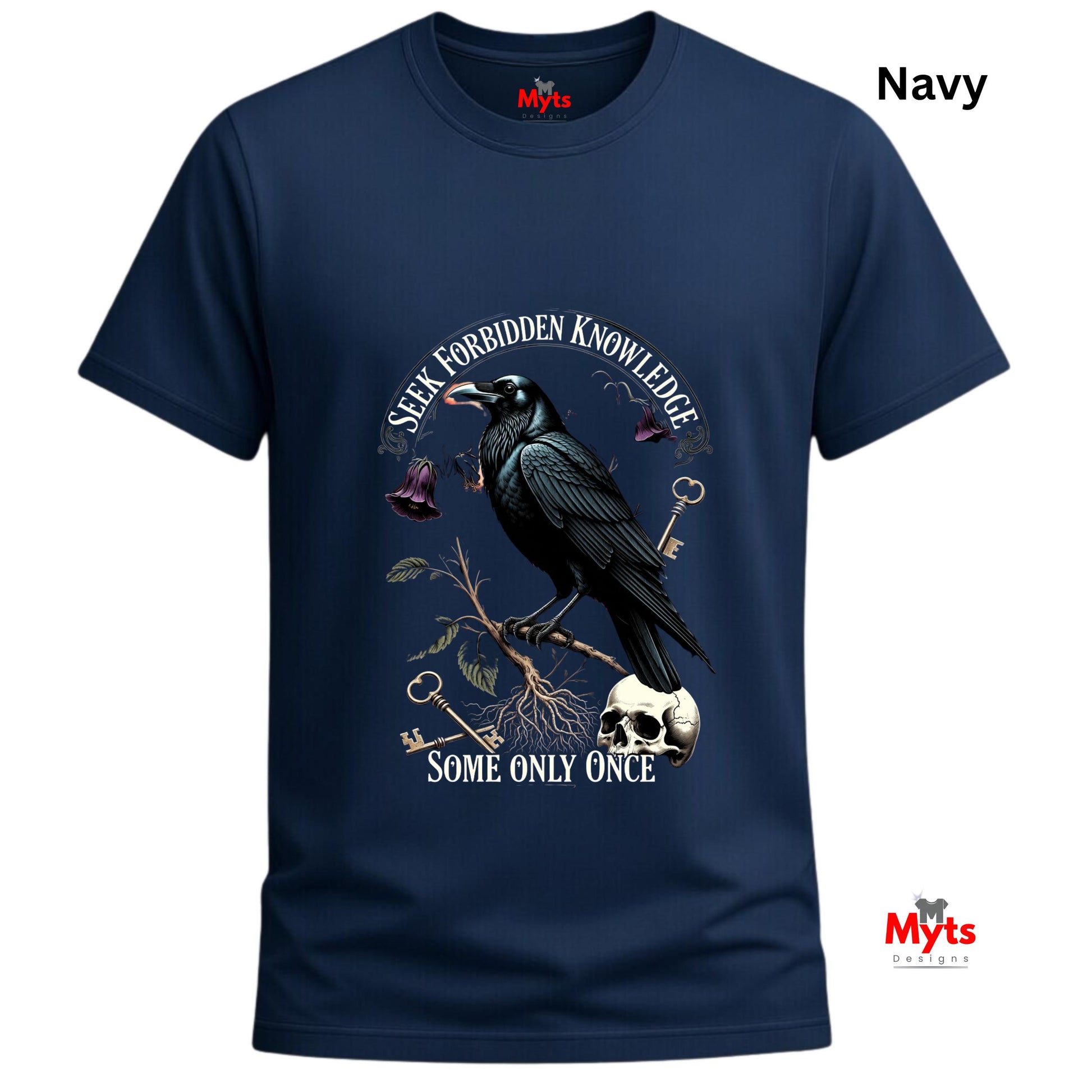 Navy blue t-shirt with a crow design and text on a white background