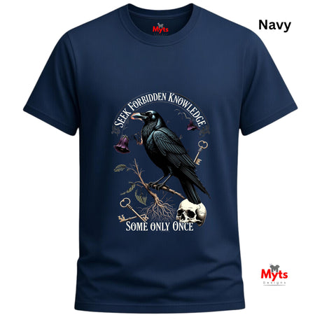 Navy blue t-shirt with a crow design and text on a white background