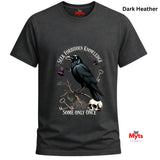 Dark Heather t-shirt with a crow design and text on a white background