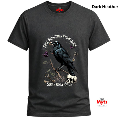 Dark Heather t-shirt with a crow design and text on a white background