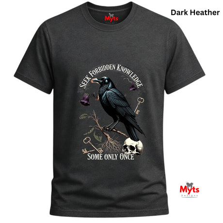 Dark Heather t-shirt with a crow design and text on a white background