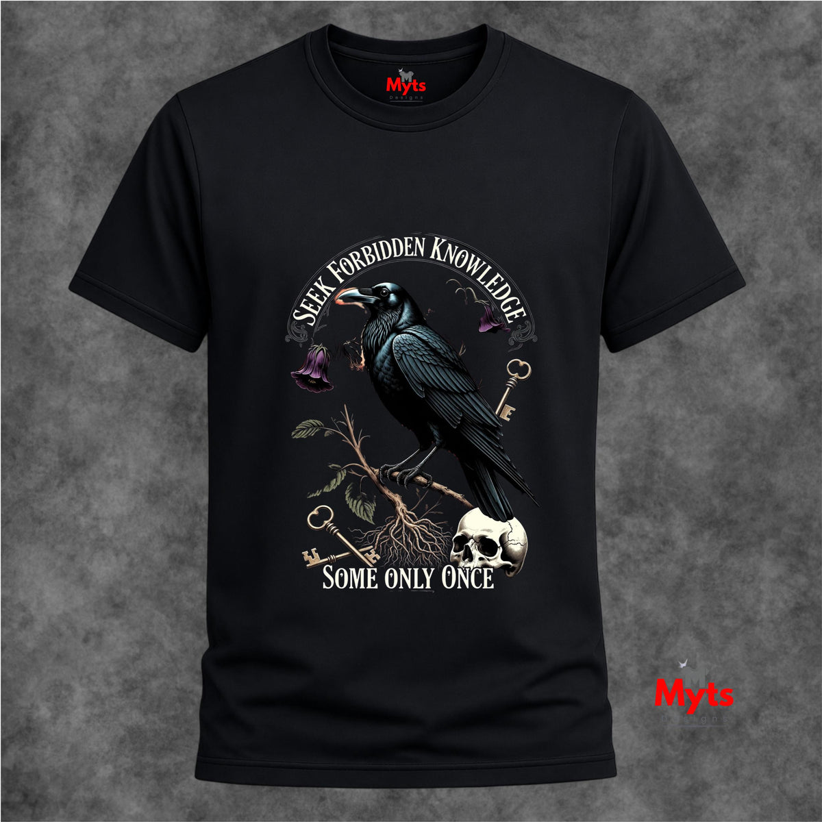 Black t-shirt with a crow and text design on a gray background