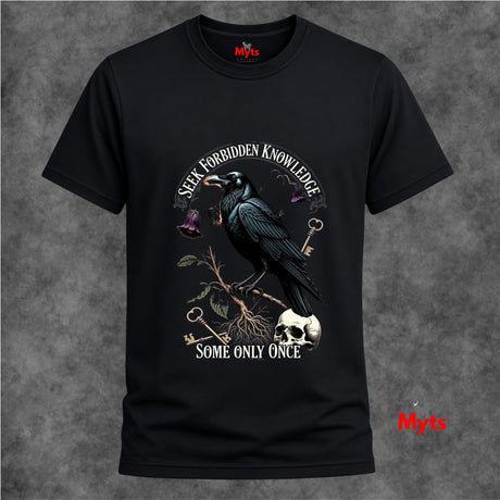 Black t-shirt with a crow and text design on a gray background