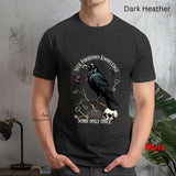 Person wearing a dark Heather t-shirt with a crow design and text.