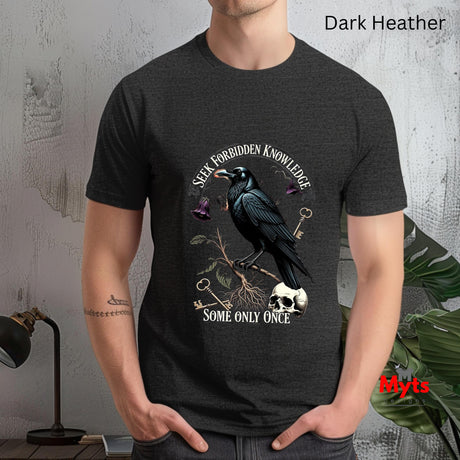 Person wearing a dark Heather t-shirt with a crow design and text.