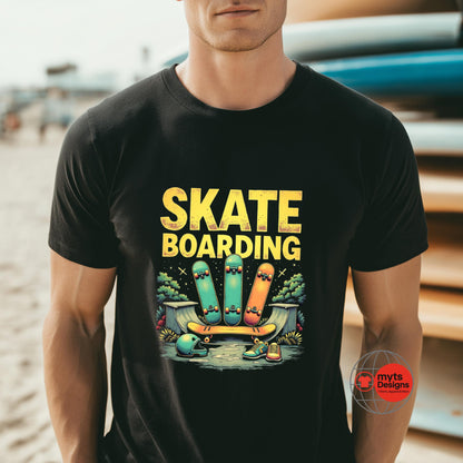 Person wearing a black t-shirt with 'Skate Boarding' graphic design.