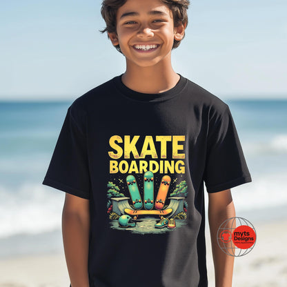 Child wearing a black t-shirt with 'Skateboarding' graphic on a beach