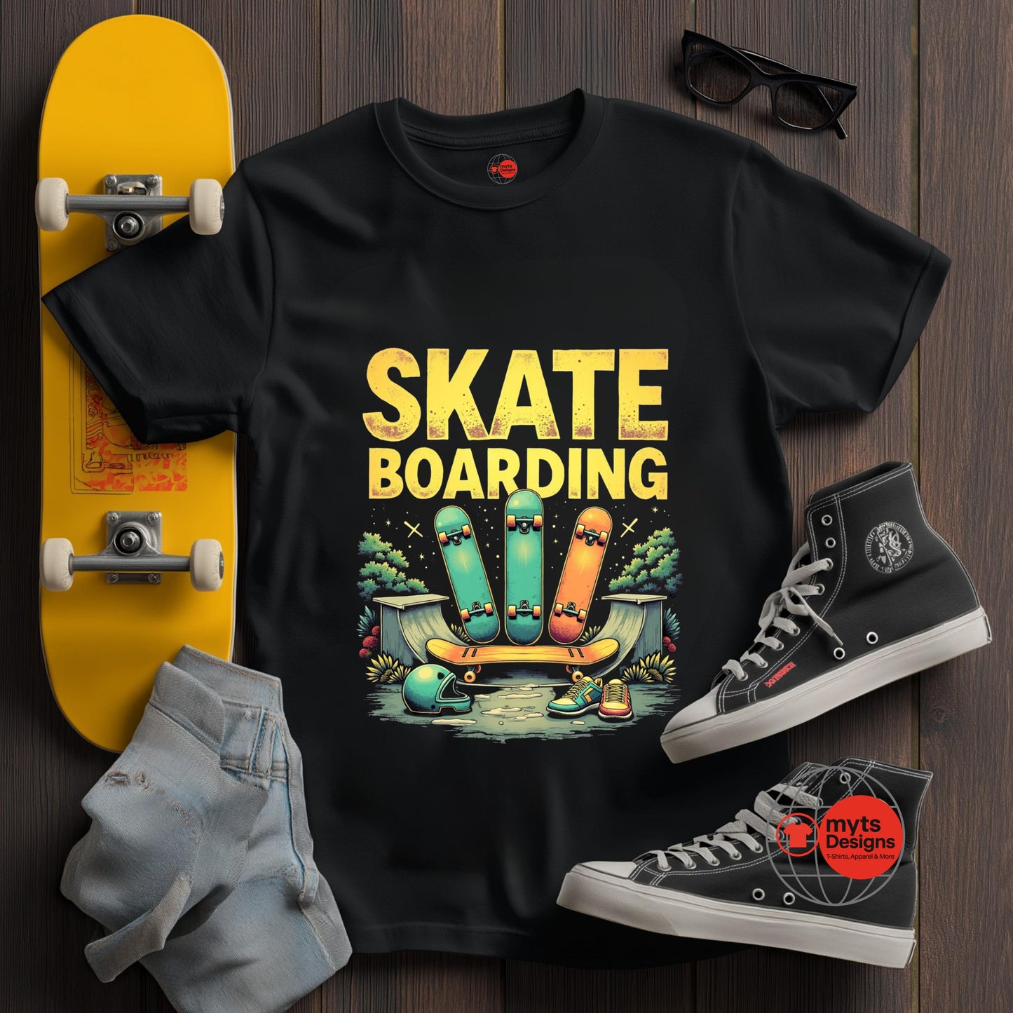 Black t-shirt with 'Skateboarding' graphic, yellow skateboard, black high-top sneakers, light blue shorts on a wooden surface.