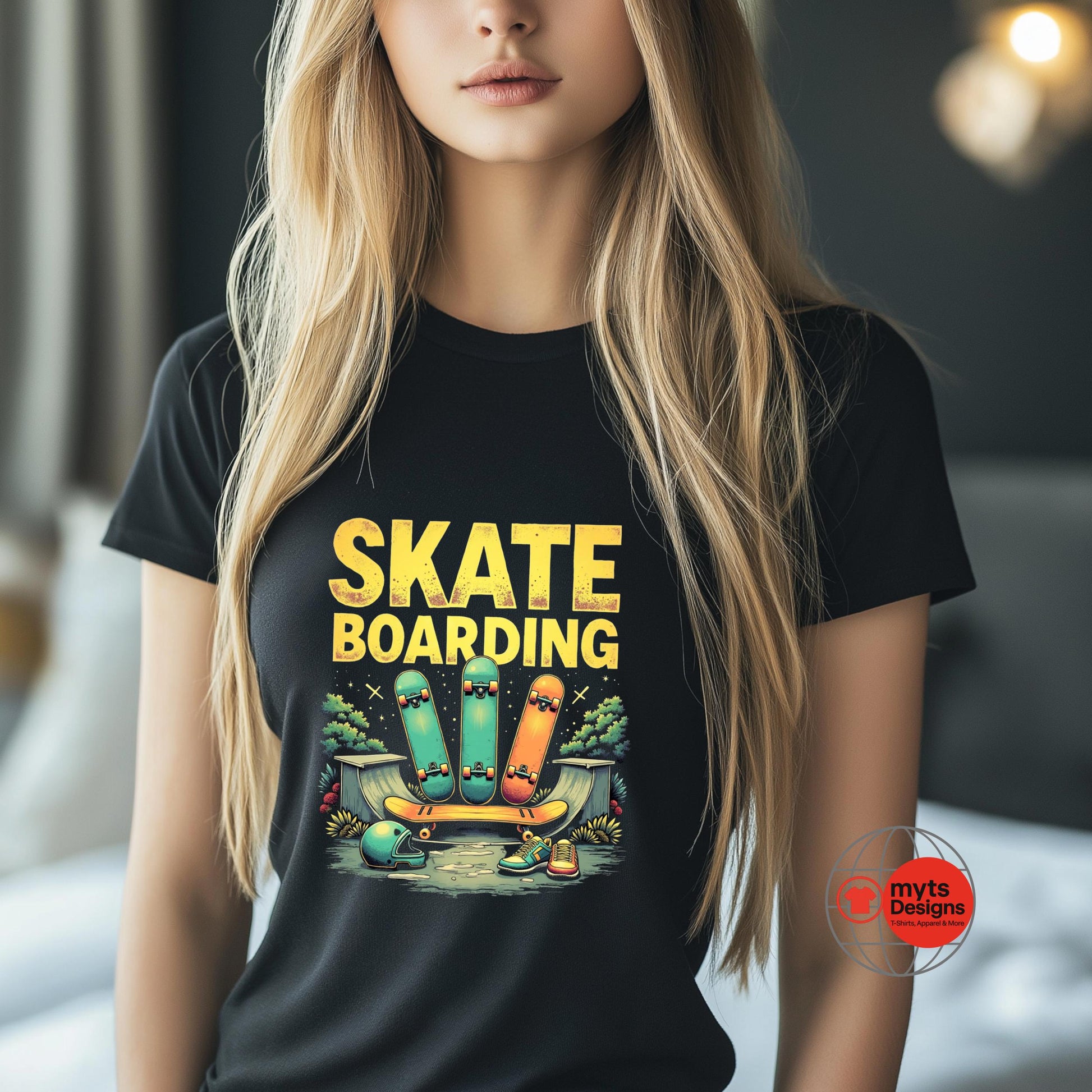Person wearing a black t-shirt with 'Skate Boarding' graphic design.