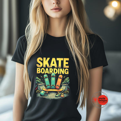 Person wearing a black t-shirt with 'Skate Boarding' graphic design.