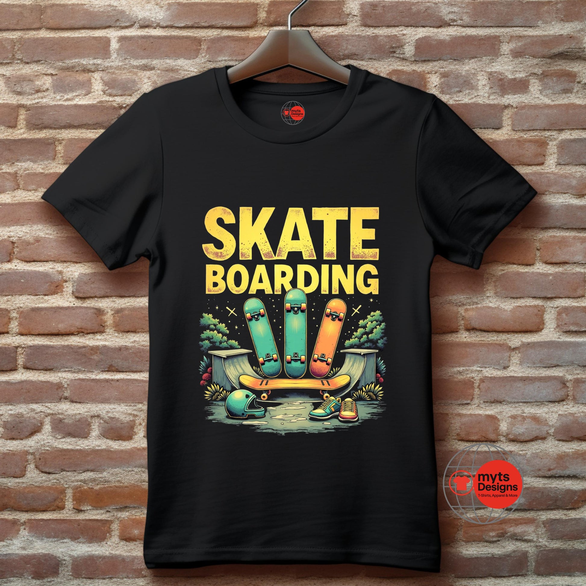 Black t-shirt with 'Skate Boarding' graphic on a hanger against a brick wall.