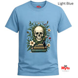 Light blue t-shirt with a skull and books design on a white background