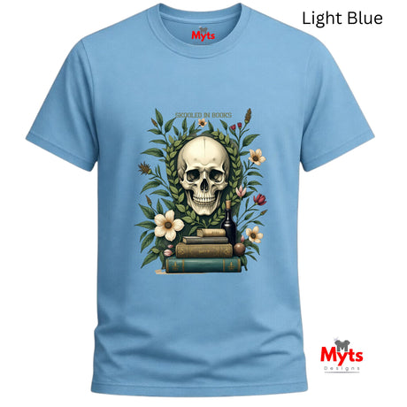 Light blue t-shirt with a skull and books design on a white background