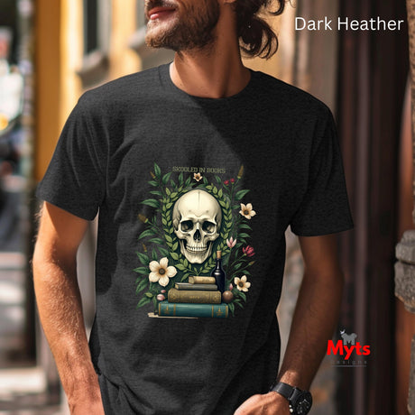 Man wearing a dark Heather t-shirt with a skull and floral design, brand 'Myts' visible.