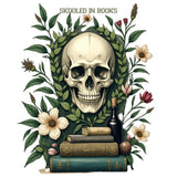 Illustration of a skull surrounded by books, flowers, and leaves with 'Skooled in Books' text.