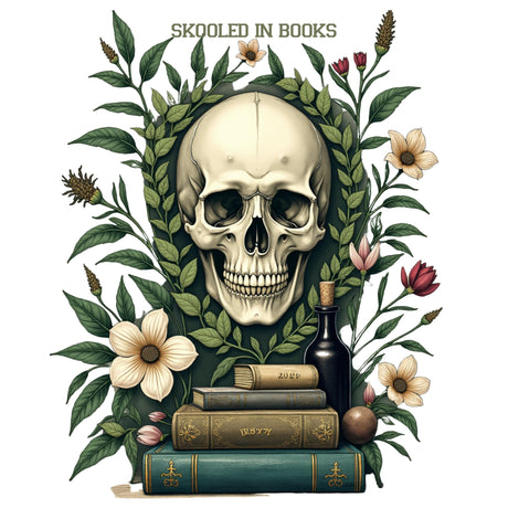 Illustration of a skull surrounded by books, flowers, and leaves with 'Skooled in Books' text.