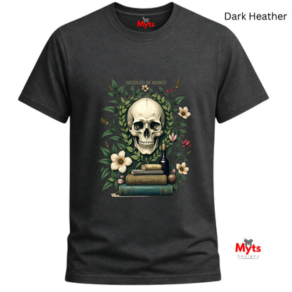 Dark Heather t-shirt with a skull and books design on a white background