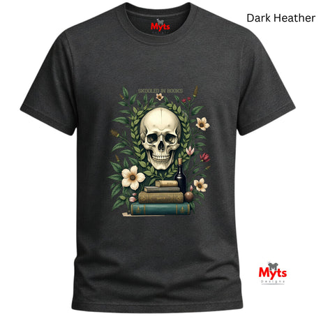 Dark Heather t-shirt with a skull and books design on a white background