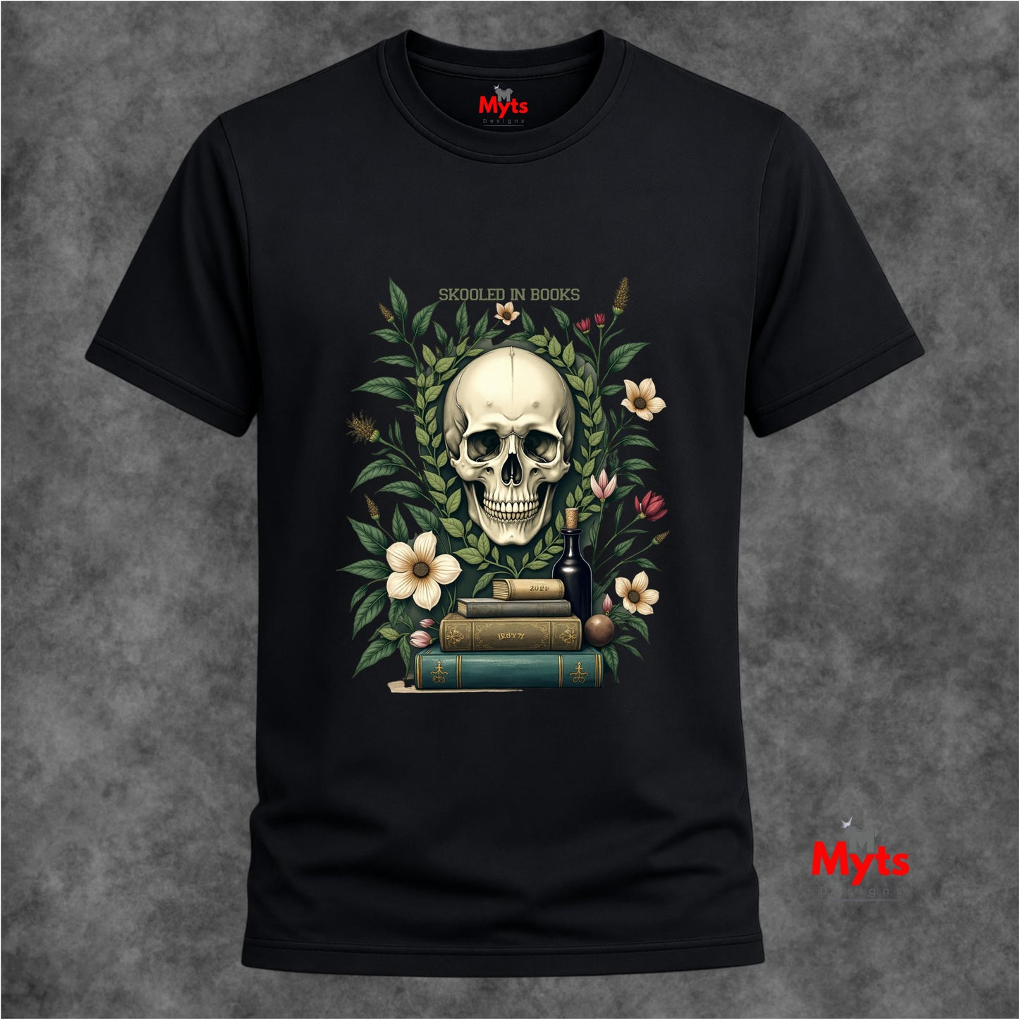 Black t-shirt with a skull and books design on a textured gray background