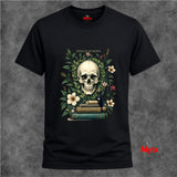 Black t-shirt with a skull and books design on a textured gray background