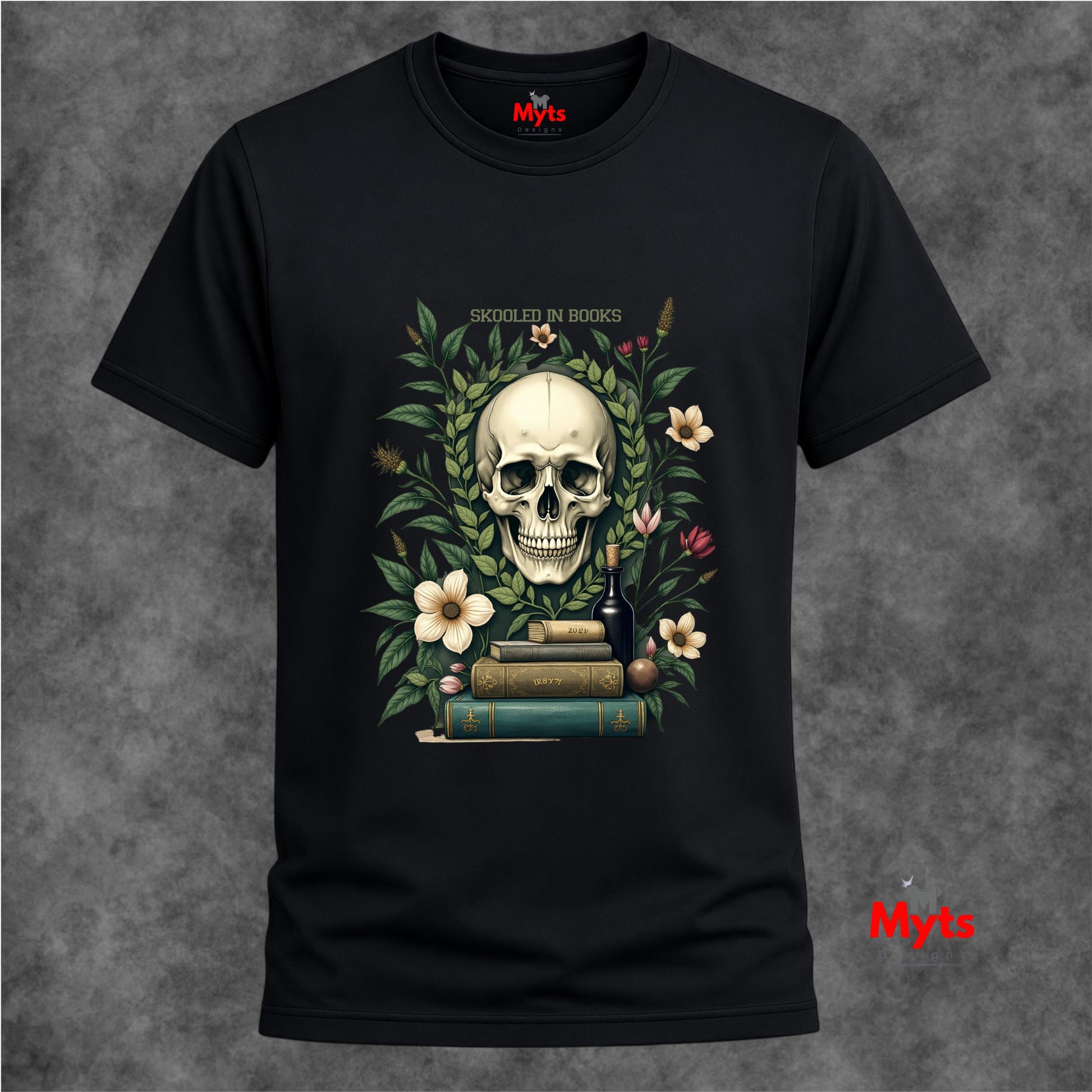 Black t-shirt with a skull and books design on a textured gray background
