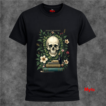 Black t-shirt with a skull and books design on a textured gray background