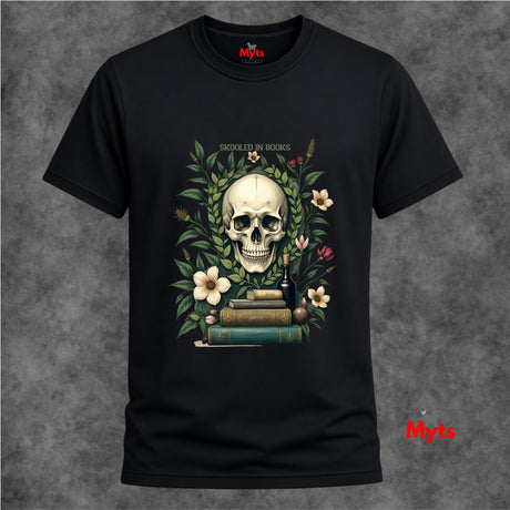 Black t-shirt with a skull and books design on a textured gray background