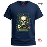 Navy blue t-shirt with a skull and books design on a white background