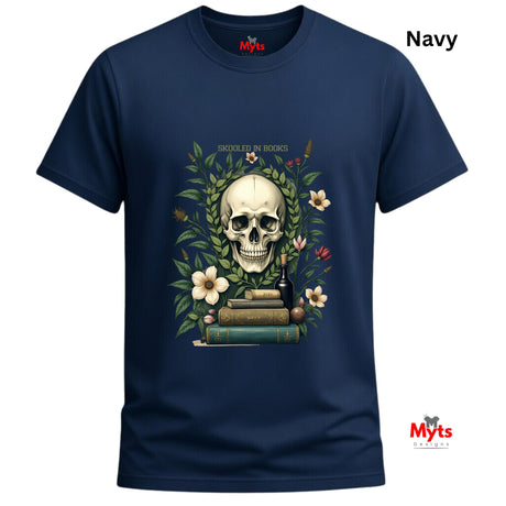 Navy blue t-shirt with a skull and books design on a white background